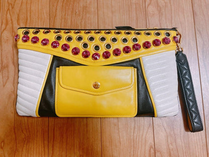 Auth MIU MIU Black & Multicolors Leather & Crystal Clutch Hand Wrist Bag #60125