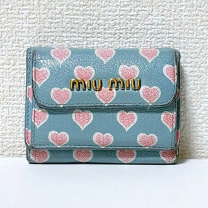 Miu Miu Trifold Wallet Logo Hardware Heart Leather Light Blue Luxury Limited Edi