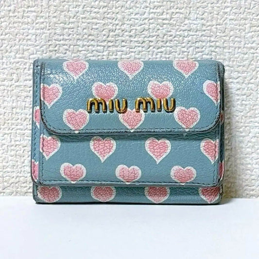 Miu Miu Trifold Wallet Logo Hardware Heart Leather Light Blue Luxury Limited Edi