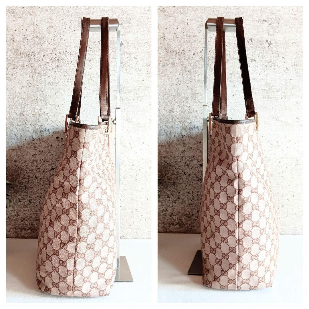 GUCCI GG Tote Shoulder Bag Leather Canvas Brown Beige Gold Hardware From Japan