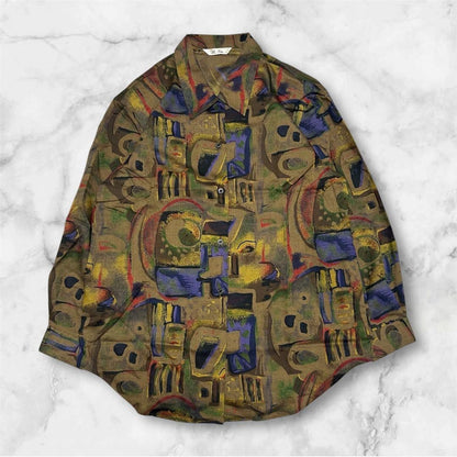 VINTAGE Art Print Shirt with Shoulder Pads, All-Over Pattern, Long Sleeve, Showa