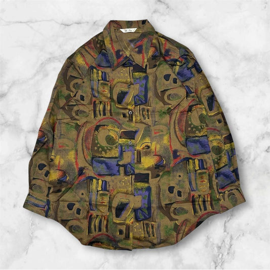 VINTAGE Art Print Shirt with Shoulder Pads, All-Over Pattern, Long Sleeve, Showa