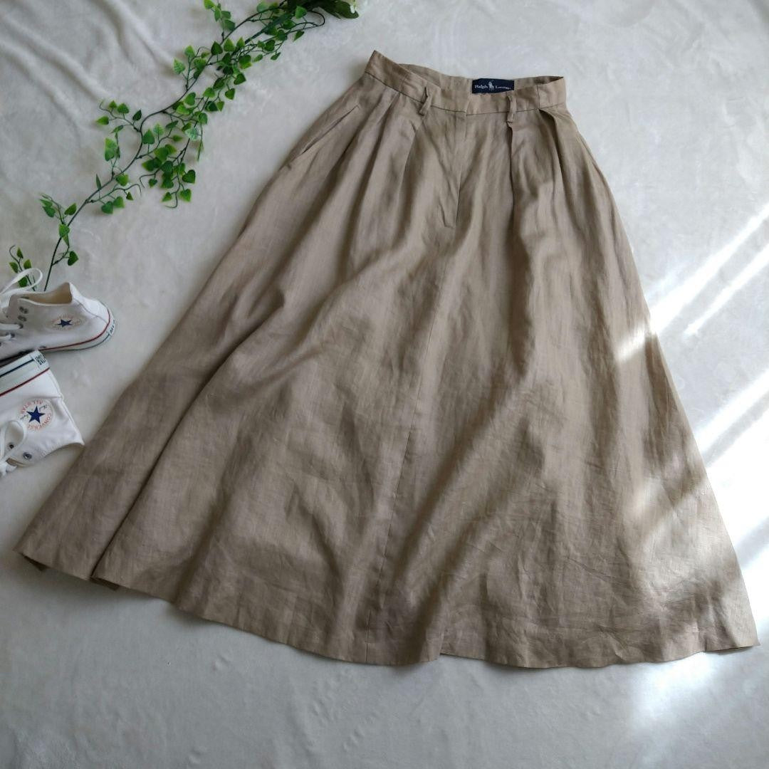 Rare Ralph Lauren Linen Long Skirt A-Line Beige Size 9 Elegant Maxi