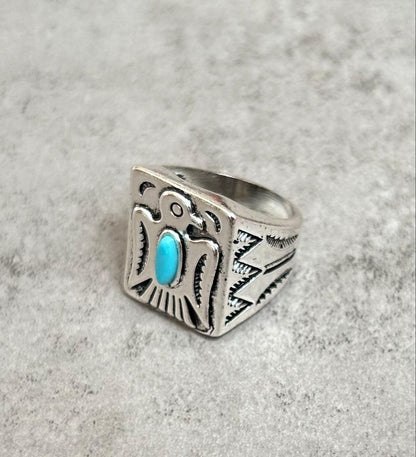 Thunderbird Turquoise Silver Ring Charm Navajo Indian Jewelry US Size 9