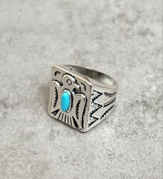 Thunderbird Turquoise Silver Ring Charm Navajo Indian Jewelry US Size 9