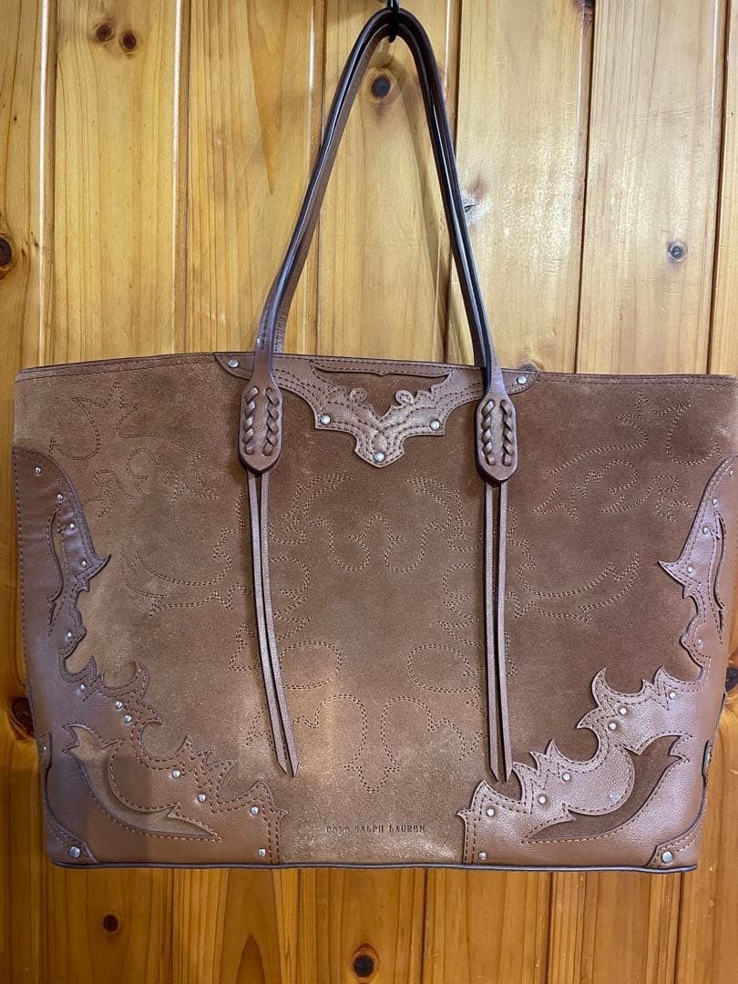 Polo Ralph Lauren Embroidery Tote Bag Handbag Purse Suede Brown USED Good Cond