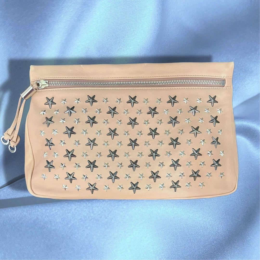 Authentic JIMMY CHOO Studs Leather Clutch Bag Hand Bag Pink Beige Used F/S