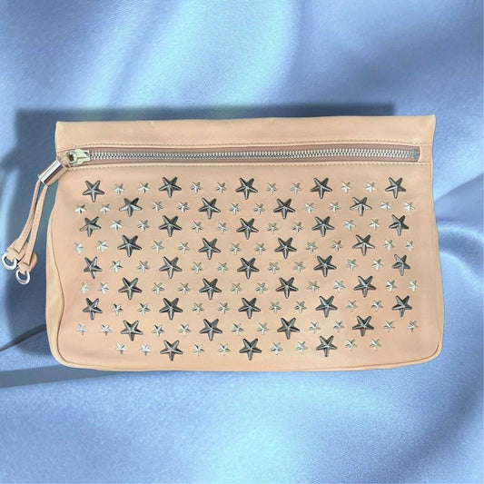 Authentic JIMMY CHOO Studs Leather Clutch Bag Hand Bag Pink Beige Used F/S