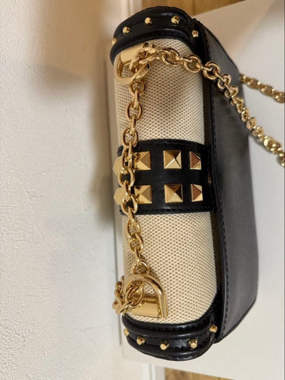 Michael Kors SOHO Studded Shoulder Bag Beige Black Canvas Women's FROM JAPAN