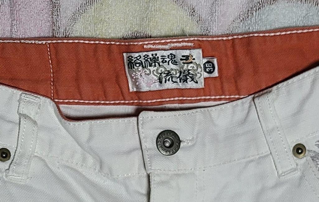 Karakuri Tamashii Men's Denim Jeans Half Pants Crane Embroidered White Size 36