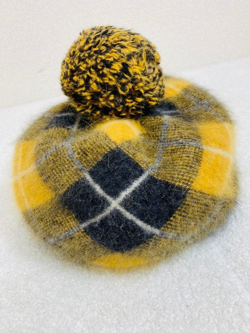 Vivienne Westwood Beret Wool Angora Blend Hat pompom yellow beige check Used