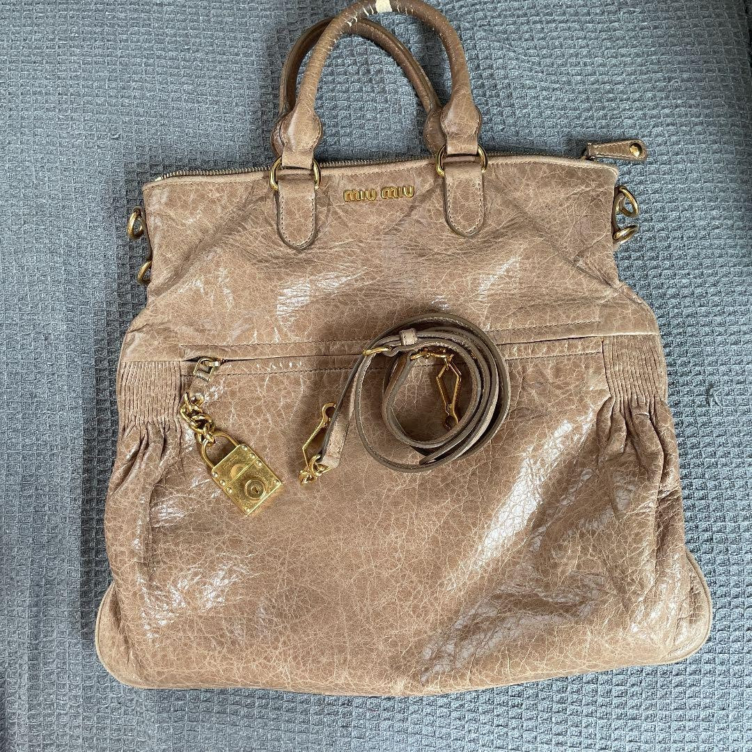 miumiu handbag shoulder 3way leather beige women's USED FROM JAPAN