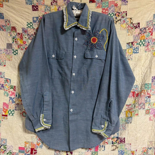 70s vintage BIG MAC embroidered chambray shirt patchwork size L