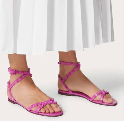 VALENTINO Rockstud Flair Nappa Leather Flat Sandals Pink Used Studded Strap