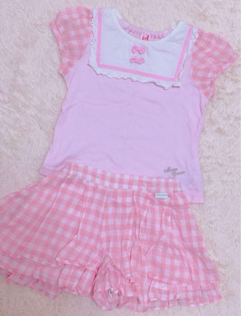mezzo piano m524 Mezzopia 130cm Gingham Check Set Pink Ribbon TShirt Skirt Near