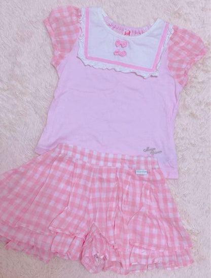 mezzo piano m524 Mezzopia 130cm Gingham Check Set Pink Ribbon TShirt Skirt Near