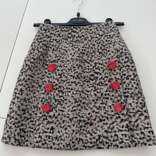 Dolce & Gabbana Flare Skirt Size S Gray Silver Black Red Tweed Buttons 44cm