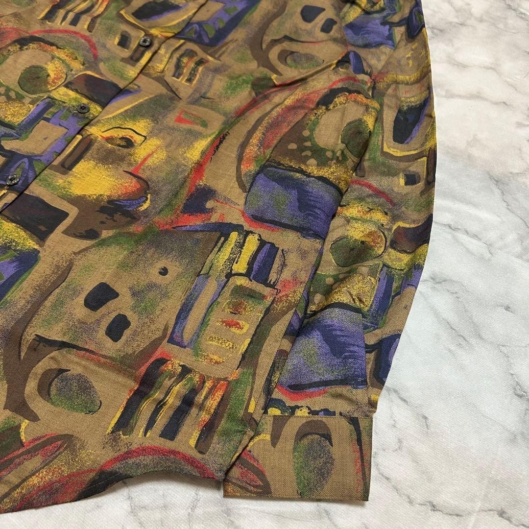 VINTAGE Art Print Shirt with Shoulder Pads, All-Over Pattern, Long Sleeve, Showa