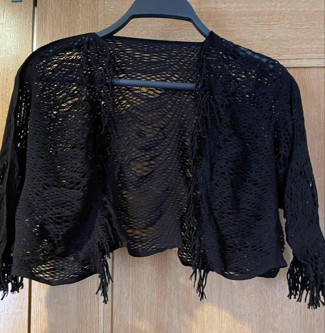 USED ISSEY MIYAKE BLACK LACE KNIT CARDIGAN WITH THREE-QUARTER SLEEVES GOOD