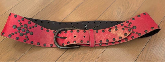 Diesel Women Red Studded Decorative Leather Belt Wide Design Luxury Classic ITA