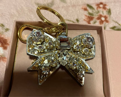 MIU MIU Logo Bar Ribbon Rhinestone Gold Tone Key Ring Holder Bag Charm Used