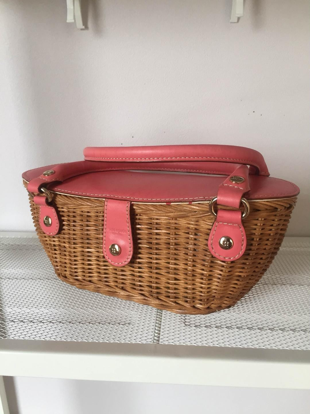 Kate Spade Pink Leather Straw Basket Bag Magnetic Closure Lid Handbag YBa0277
