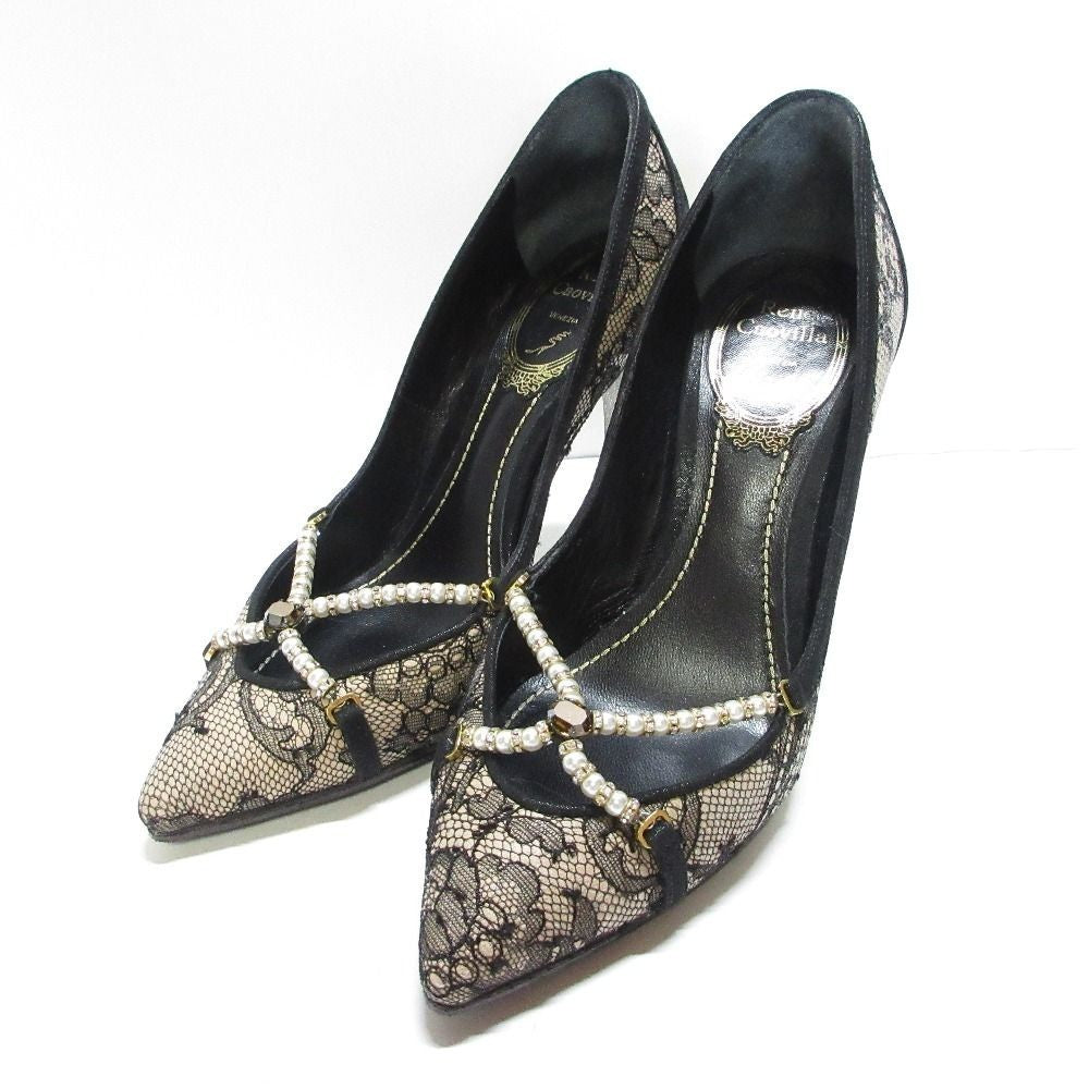 RENE CAOVILLA Lace Faux Pearl Pointed Toe Pumps Size 34 Black Beige Women USED