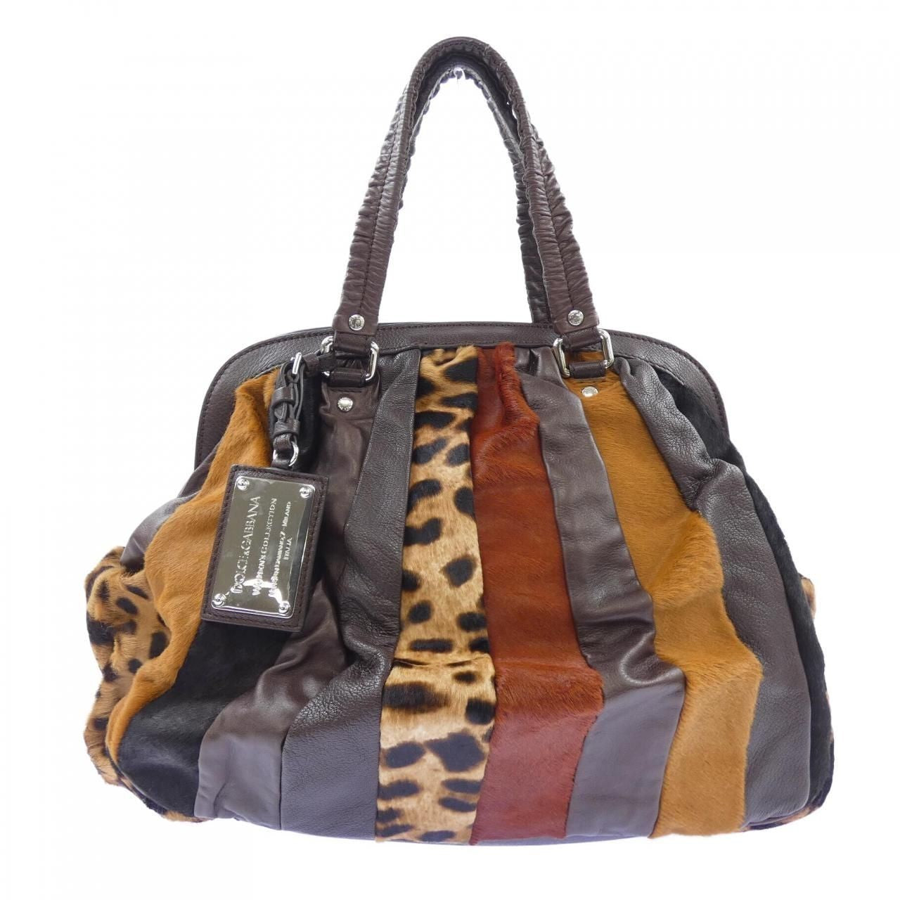 DOLCE&GABBANA Hair Leather Leopard Patchwork Bag Brown Multi Authentic