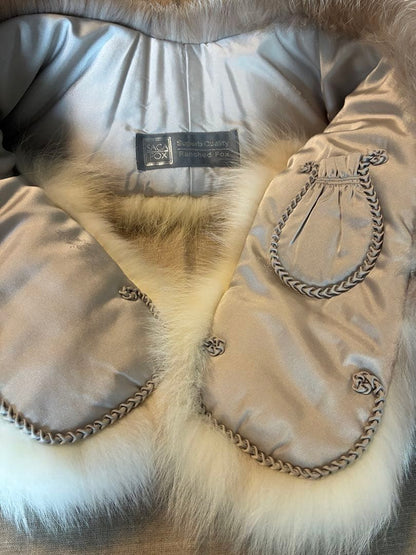SAGA Gray & White Fur Stole with Embroidery - Excellent Condition