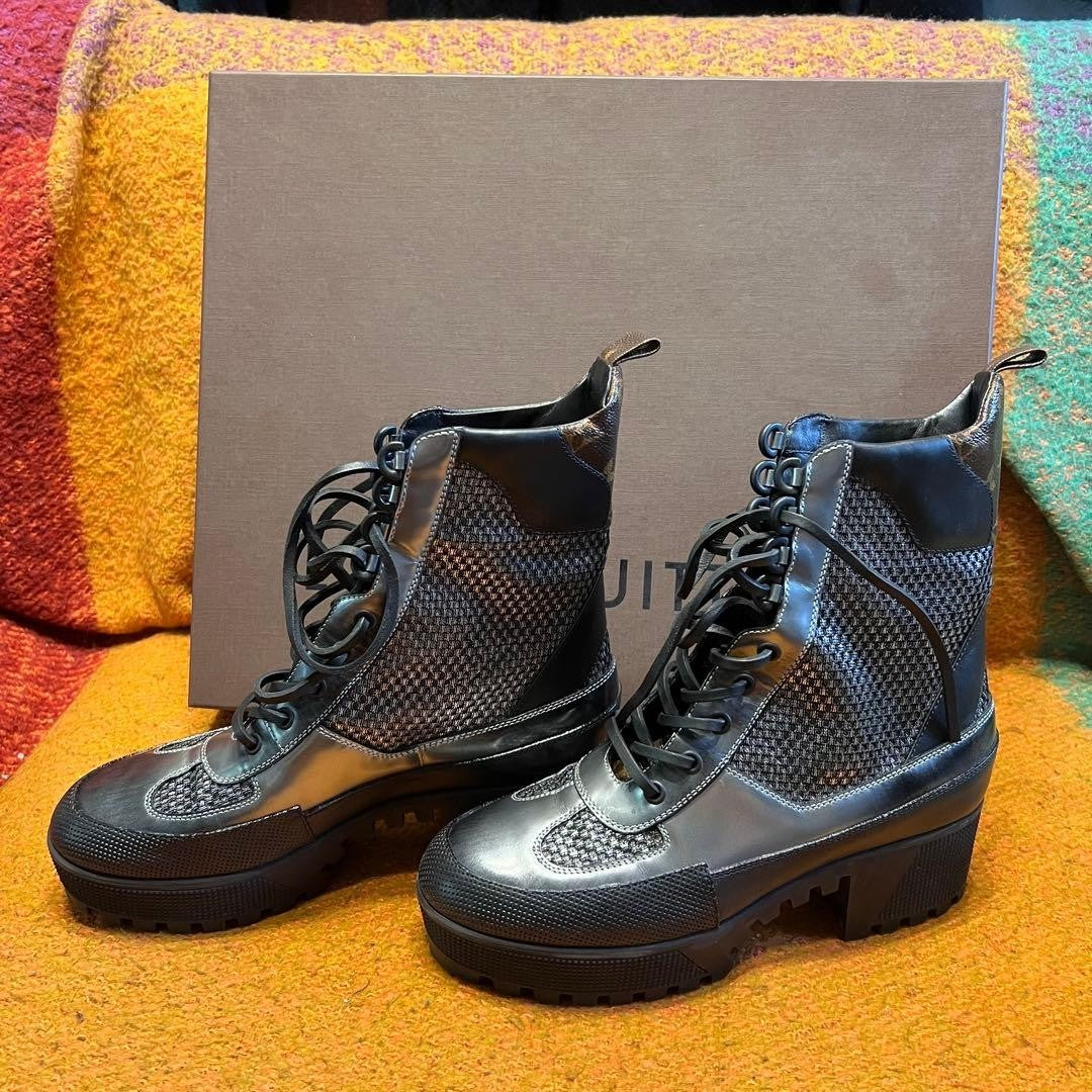 LOUIS VUITTON MA0166 Lauriate Lace up Ankle Boots 39 Black X Metallic silver