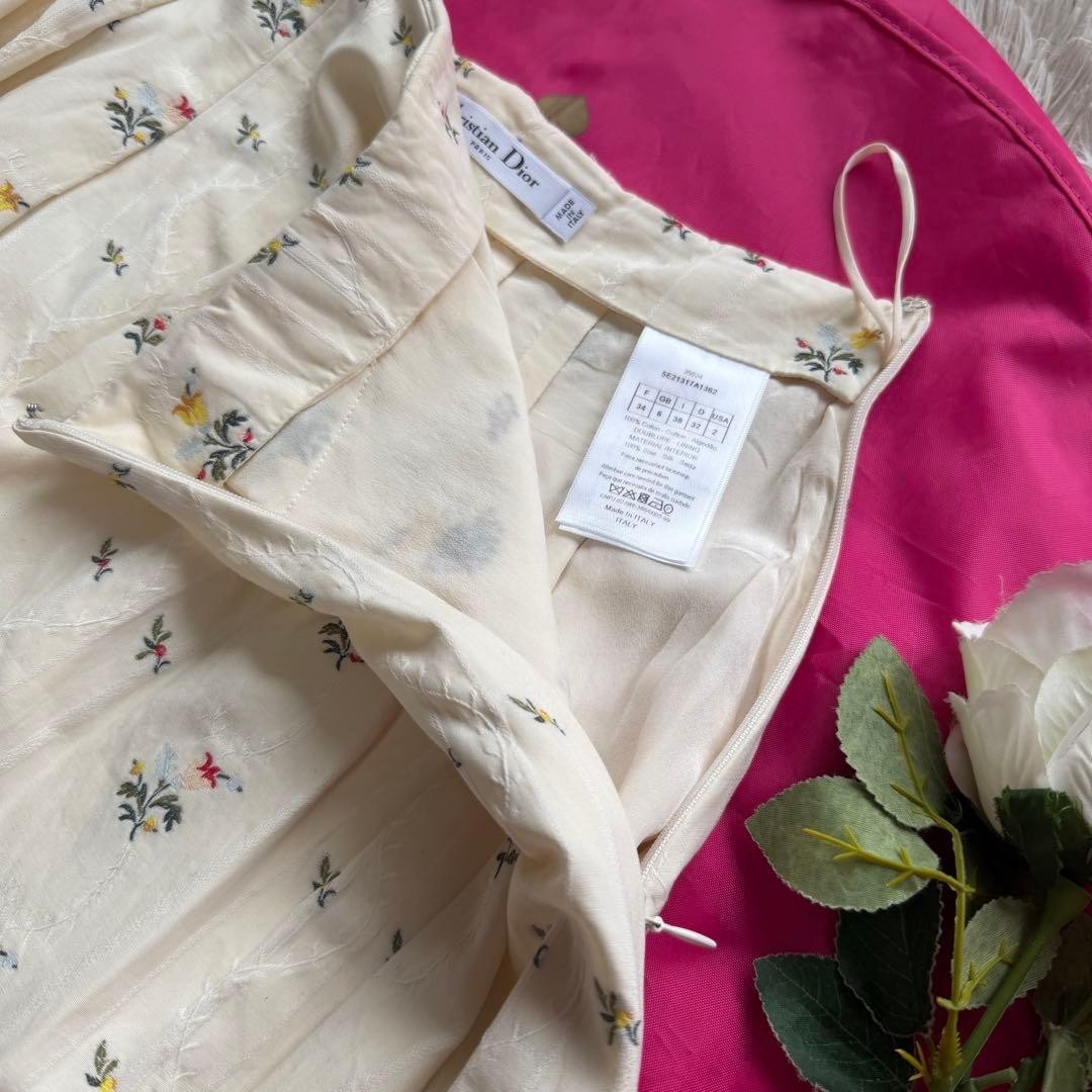 Christian Dior Skirt Knee Length Off White Floral Embroidery Size M 50cm