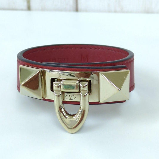Valentino Garavani Red Leather Gold Studded Bracelet Size M 21.7cm 8.5" Used