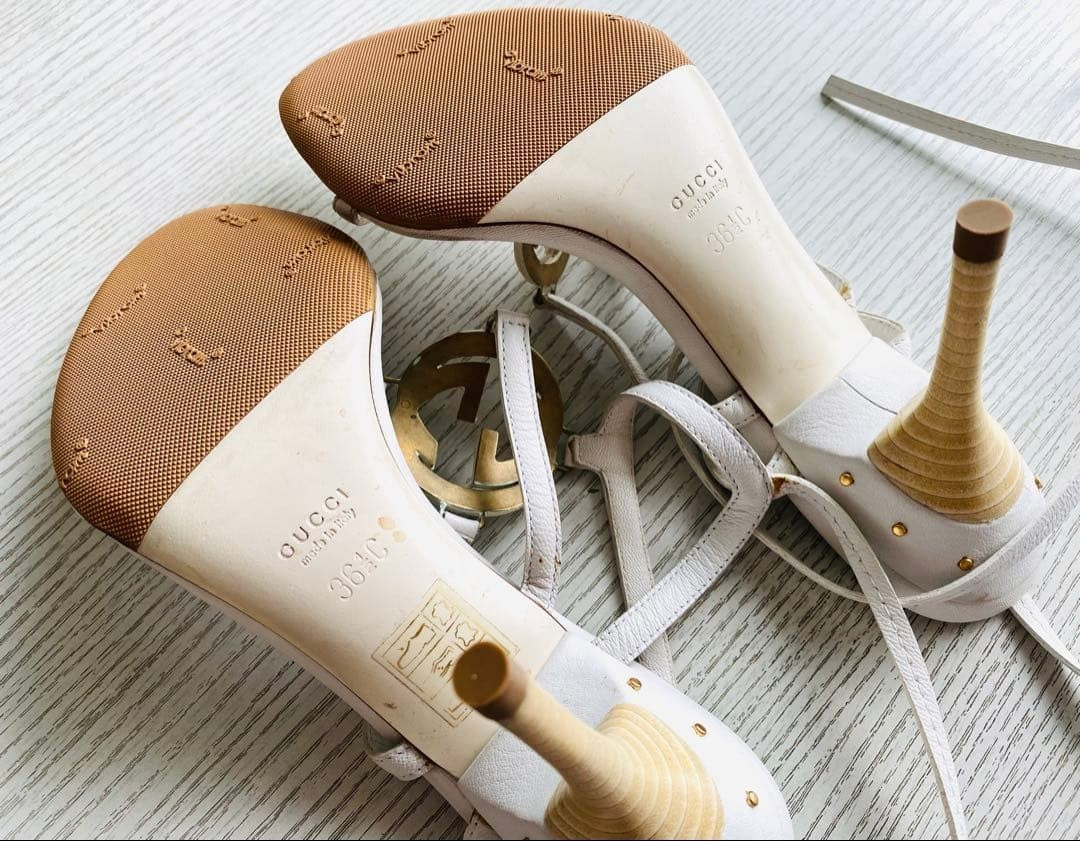 Gucci Women Lace-Up Sandals White 6.5US Excellent Used Leather Shoes