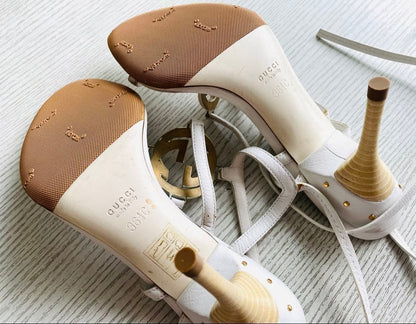 Gucci Women Lace-Up Sandals White 6.5US Excellent Used Leather Shoes