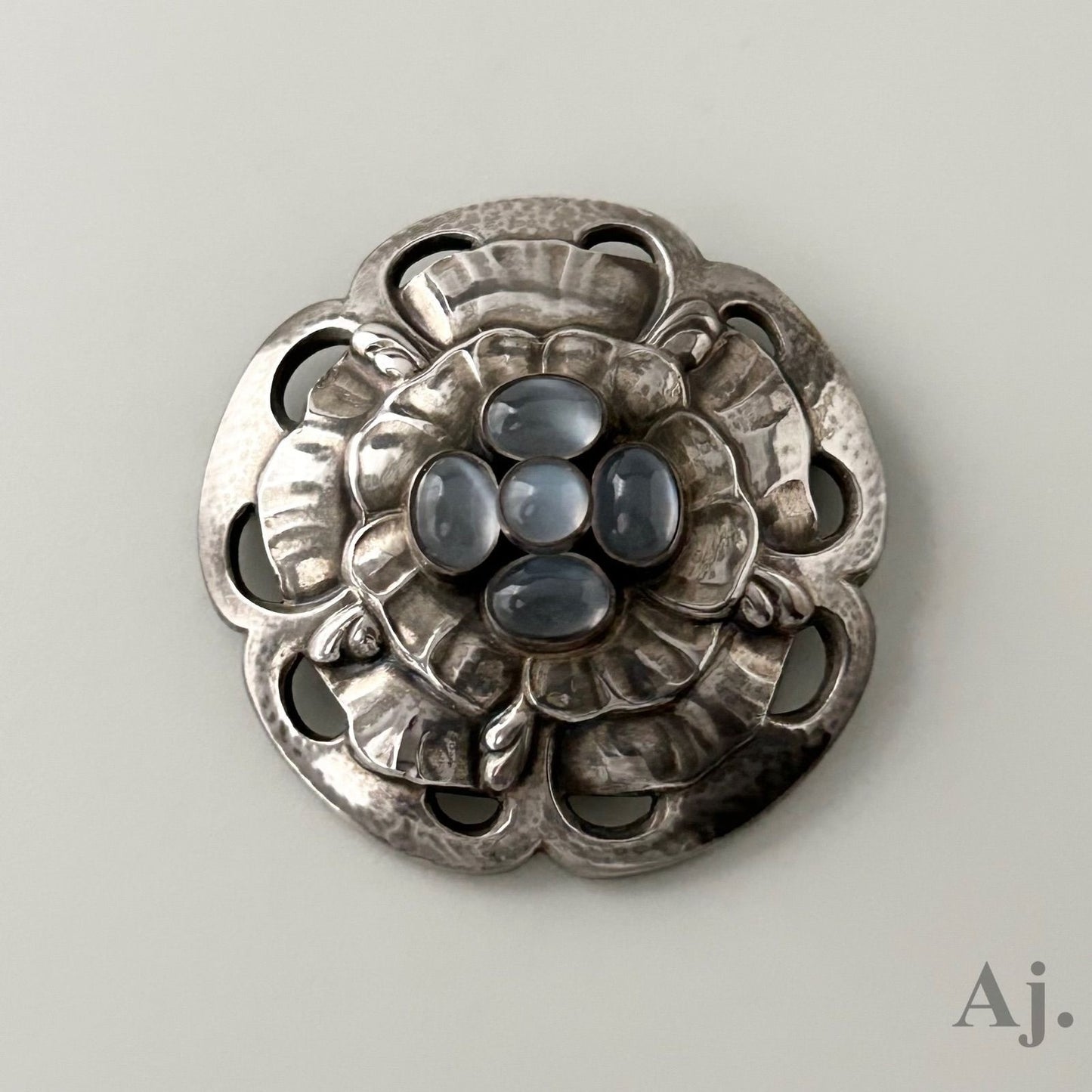 Georg Jensen No.59 Moonstone Flower Motif Pin Brooch Sterling Silver in Rare
