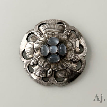 Georg Jensen No.59 Moonstone Flower Motif Pin Brooch Sterling Silver in Rare