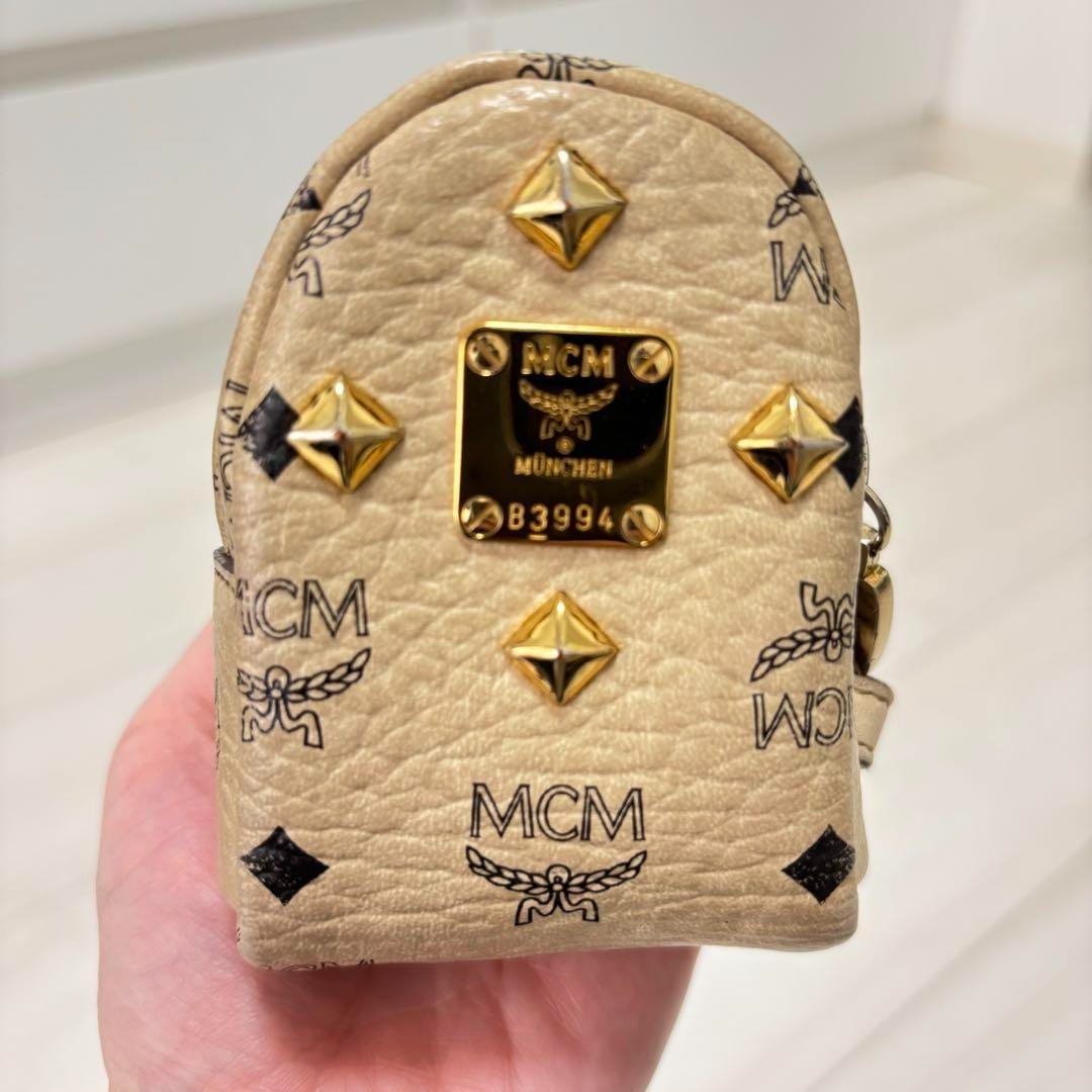 MCM Mini Backpack Zipper Charm Studs Logo Key Chain Key Holder Beige