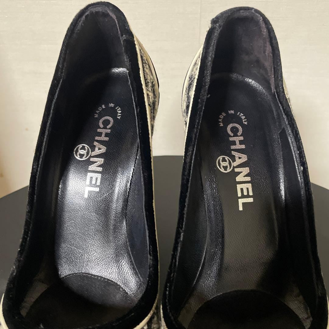 CHANEL Shoes Pumps Heel EU 36 US 6 Tweed Black White Authentic