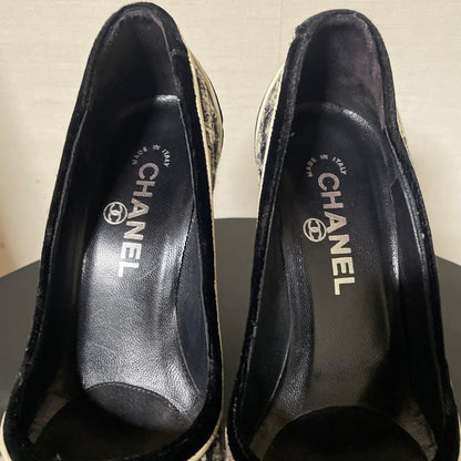 CHANEL Shoes Pumps Heel EU 36 US 6 Tweed Black White Authentic