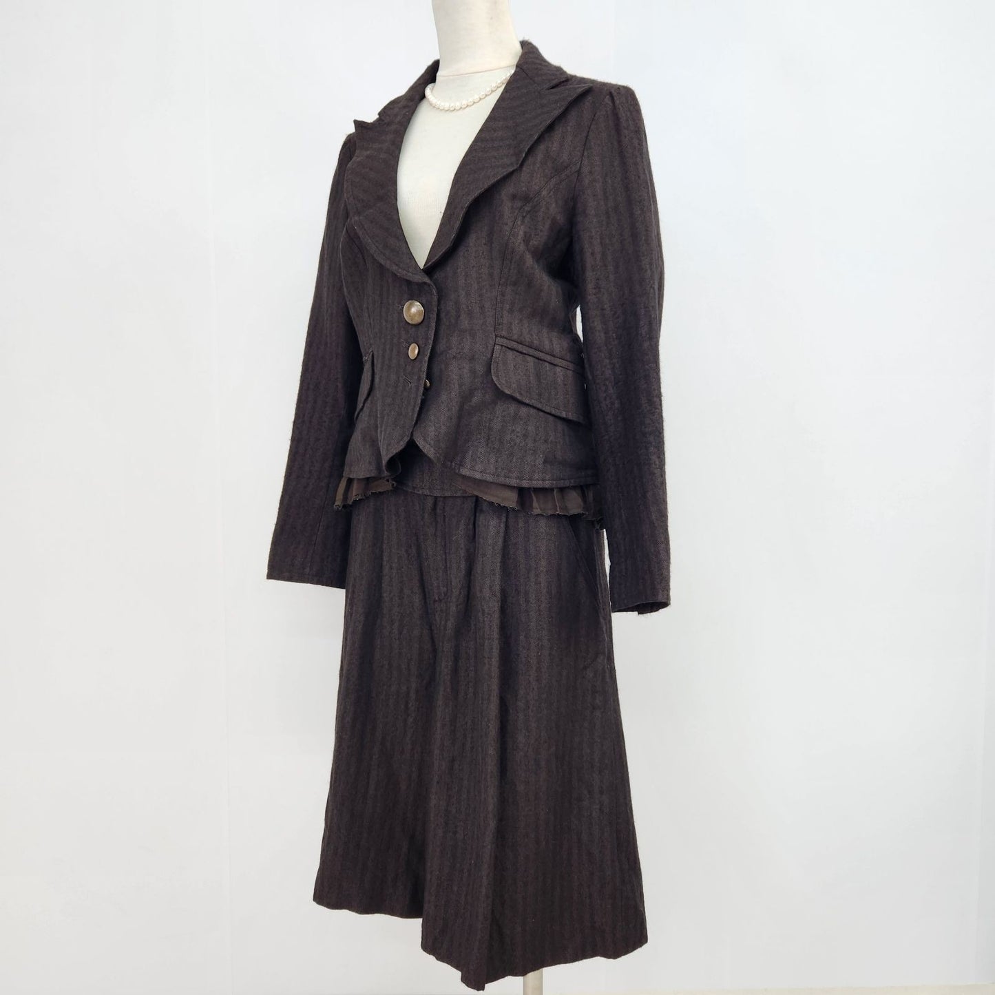 KENZO Vintage Herringbone Suit Set Brown France Wool Linen L