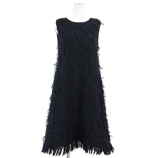 CHANEL 09A P36107 Mohair Fringe Sleeveless Dress Women Size 38 Dark-Navy