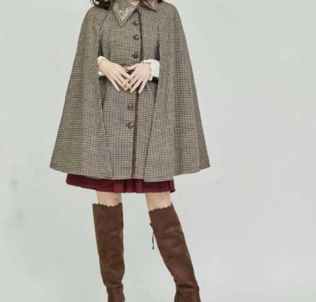 Axes Femme Houndstooth Cape Coat Jacket Poncho brown free size Used from japan