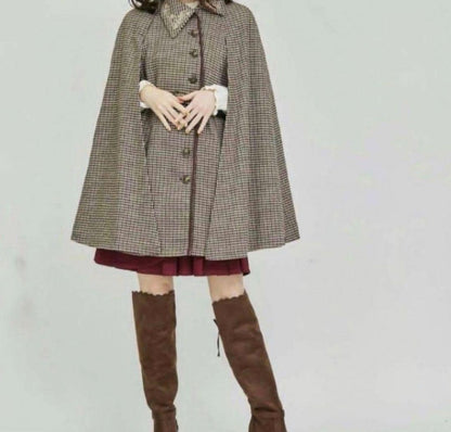 Axes Femme Houndstooth Cape Coat Jacket Poncho brown free size Used from japan