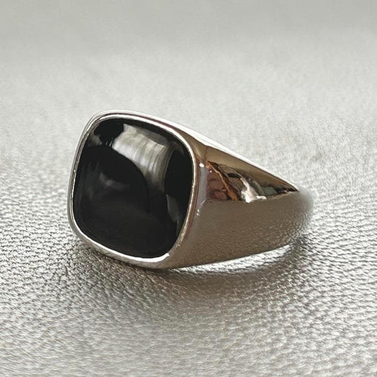 Onyx-style Signet Ring, Silver, Black, Men's