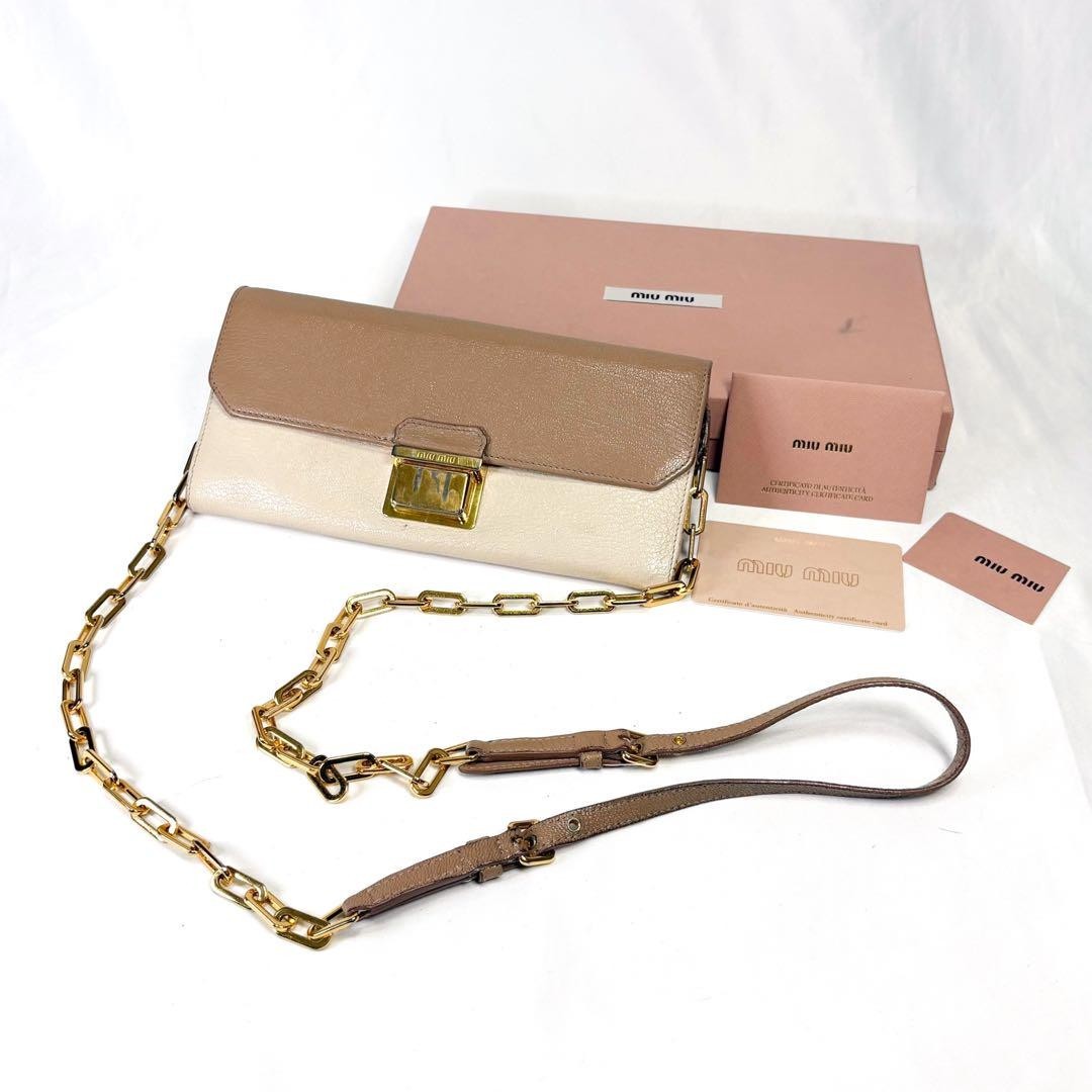 Miu Miu Chain Wallet Leather Pink Gold Auth am8441