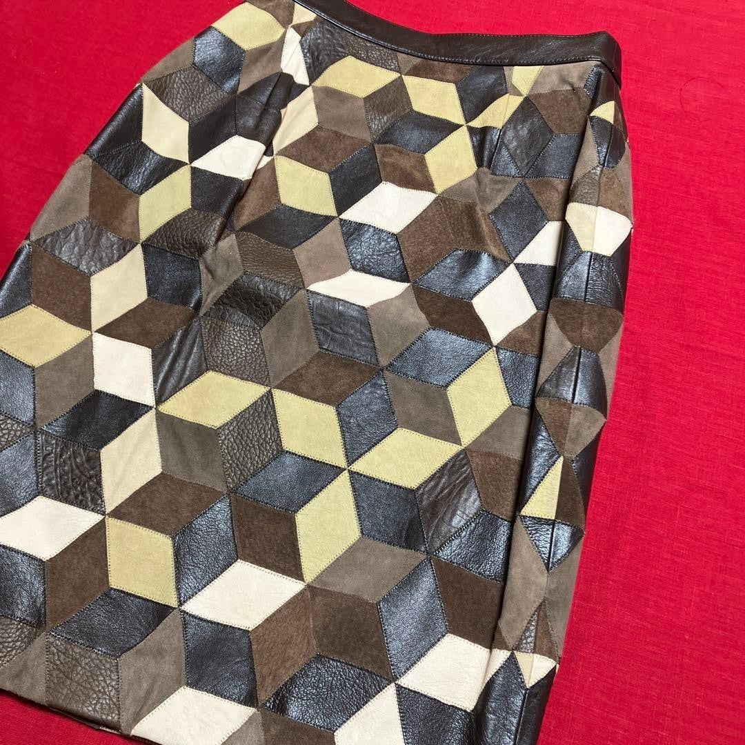 VALENTINO Leather Patchwork Tight Skirt Brown Waist 32cm Length 59cm Women