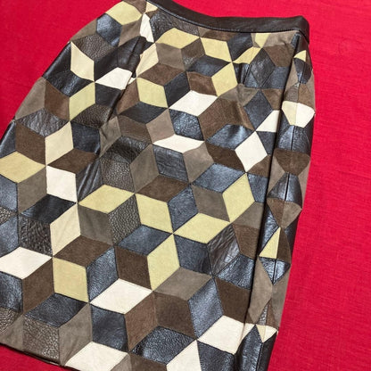 VALENTINO Leather Patchwork Tight Skirt Brown Waist 32cm Length 59cm Women