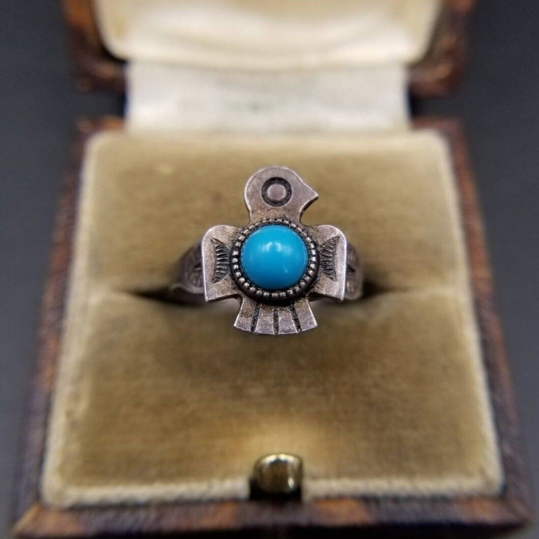 Fred Harvey Style Thunderbird 925 Silver Vintage Stampwork Pinky Ring