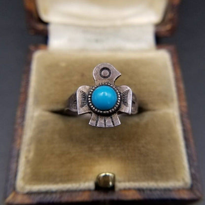 Fred Harvey Style Thunderbird 925 Silver Vintage Stampwork Pinky Ring