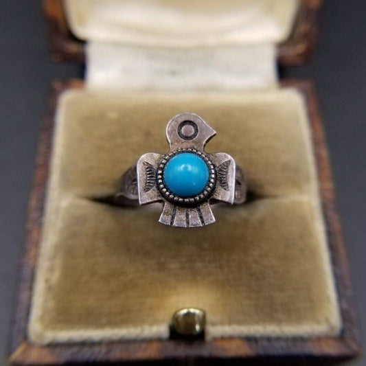 Fred Harvey Style Thunderbird 925 Silver Vintage Stampwork Pinky Ring